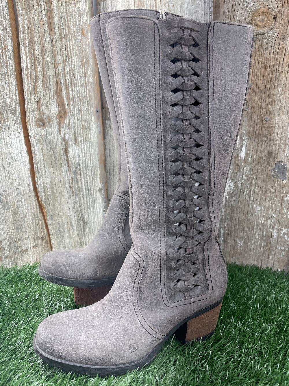 Born Ochoa Bohemian Gray Full Grain Leather Knee Tall Boot Block Heel Women's 9